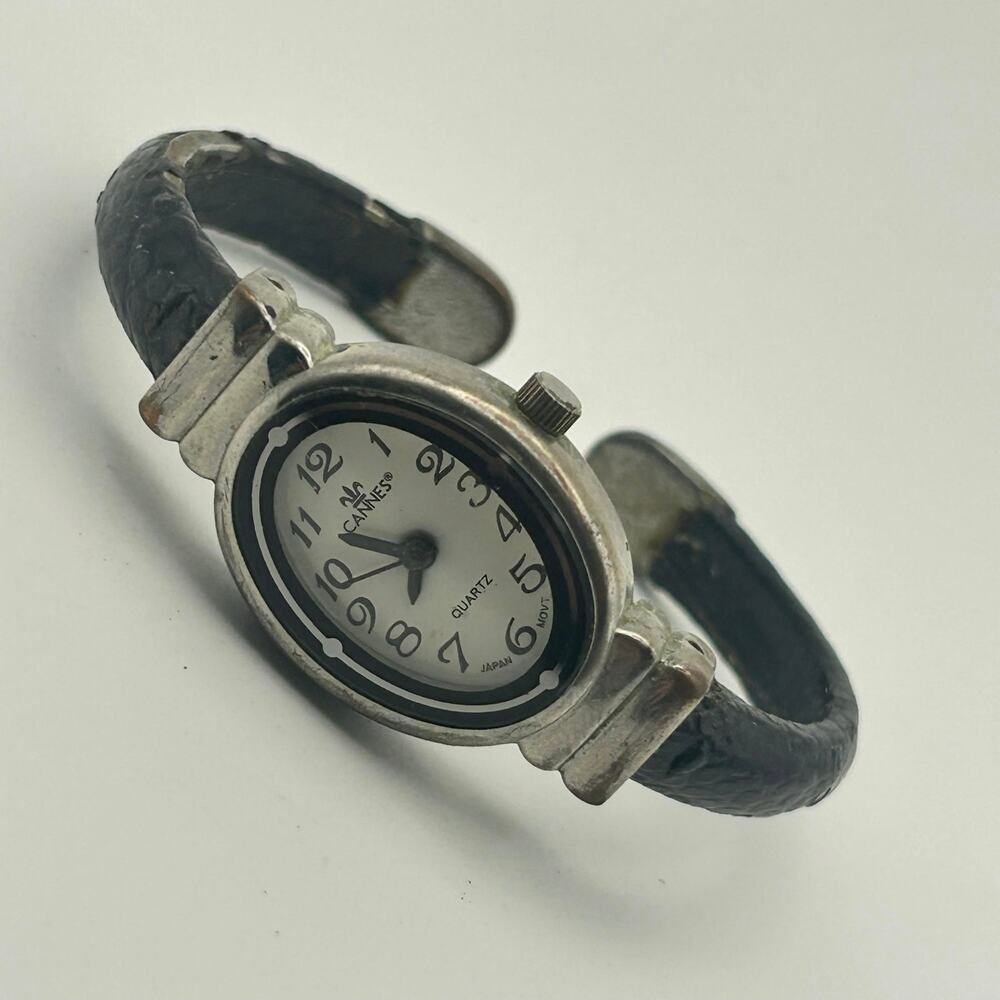 Vintage Cannes Silver and Black Women’s Cuff Watch Working New Battery